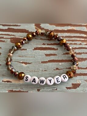 Hand Crafted Beaded Name Bracelet - “Sawyer” - Gold, Brown, White